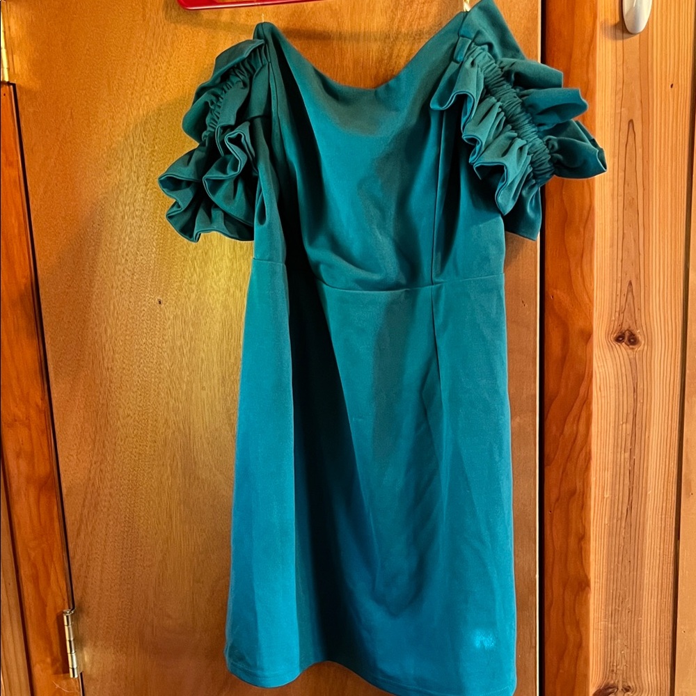 BiBi Teal Mini Dress with Ruffled Sleeves